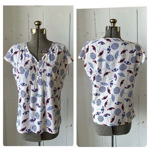 Talbots Novelty Beach Umbrella Print Pleated Popover Blouse Top